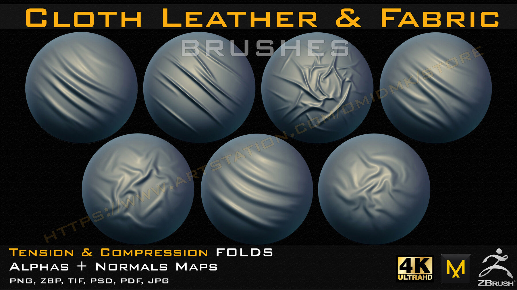 50 cloth Leather & Fabric Brushes (4k) Tension & Compression Folds- Alpha + Normal Maps V-02