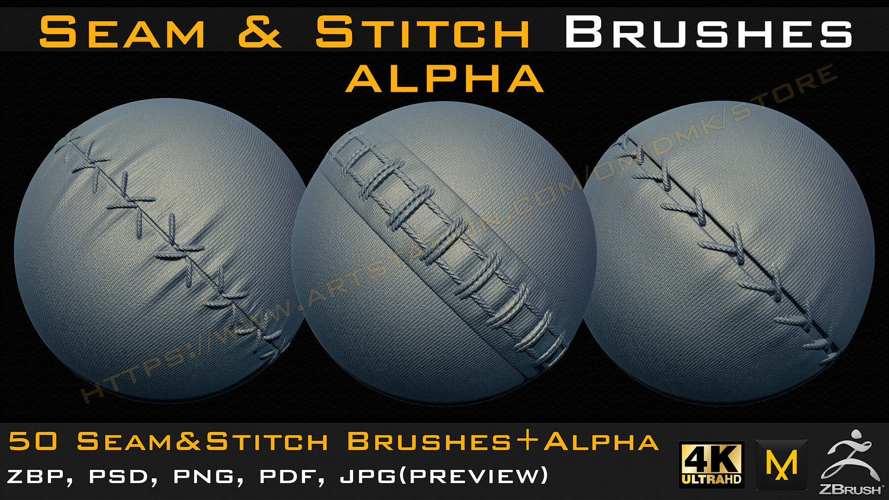 50 Seam & Stitch Brushes & Alpha (Tileable 4k-16bit) Vol.02