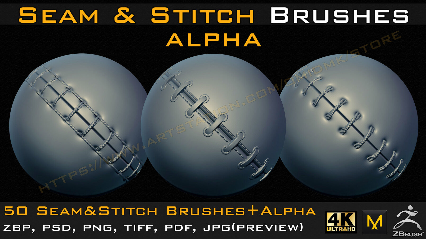 50 Seam & Stitch Brushes & Alpha (Tileable 4k-16bit) Vol.04