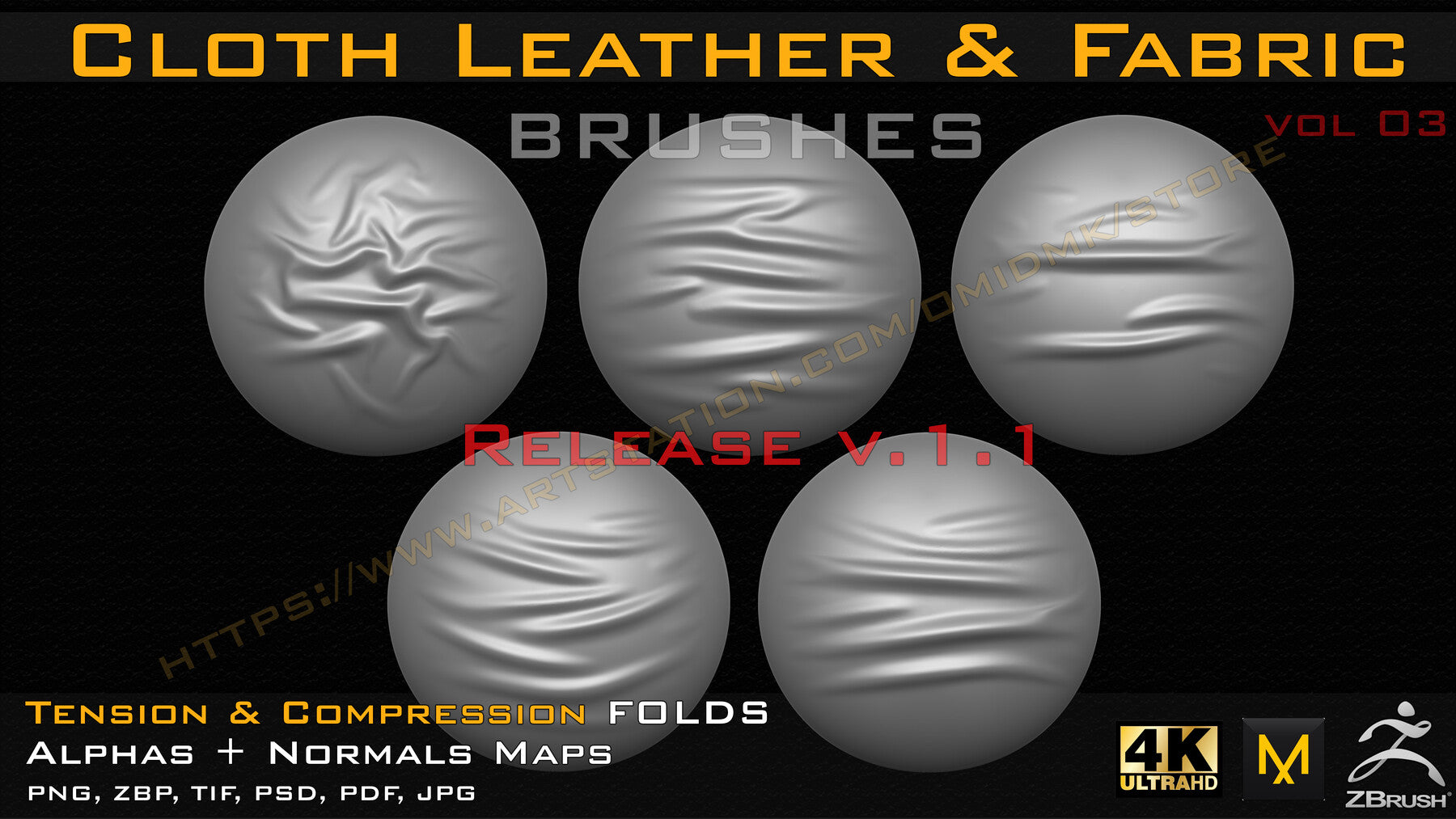 50 +10 cloth Leather & Fabric Brushes (4k) Tension & Compression Folds- Alpha + Normal Maps ( Vol.03 )