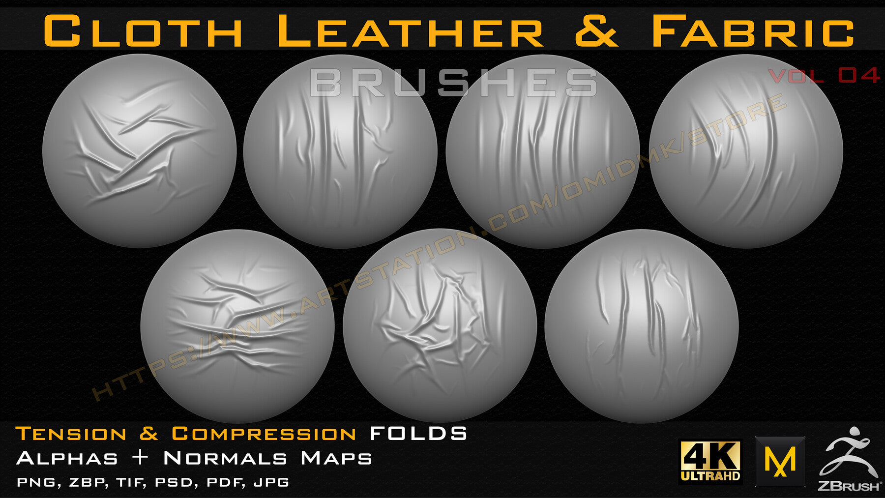 50 cloth Leather & Fabric Brushes (4k) Tension & Compression Folds- Alpha + Normal Maps ( Vol.04 )