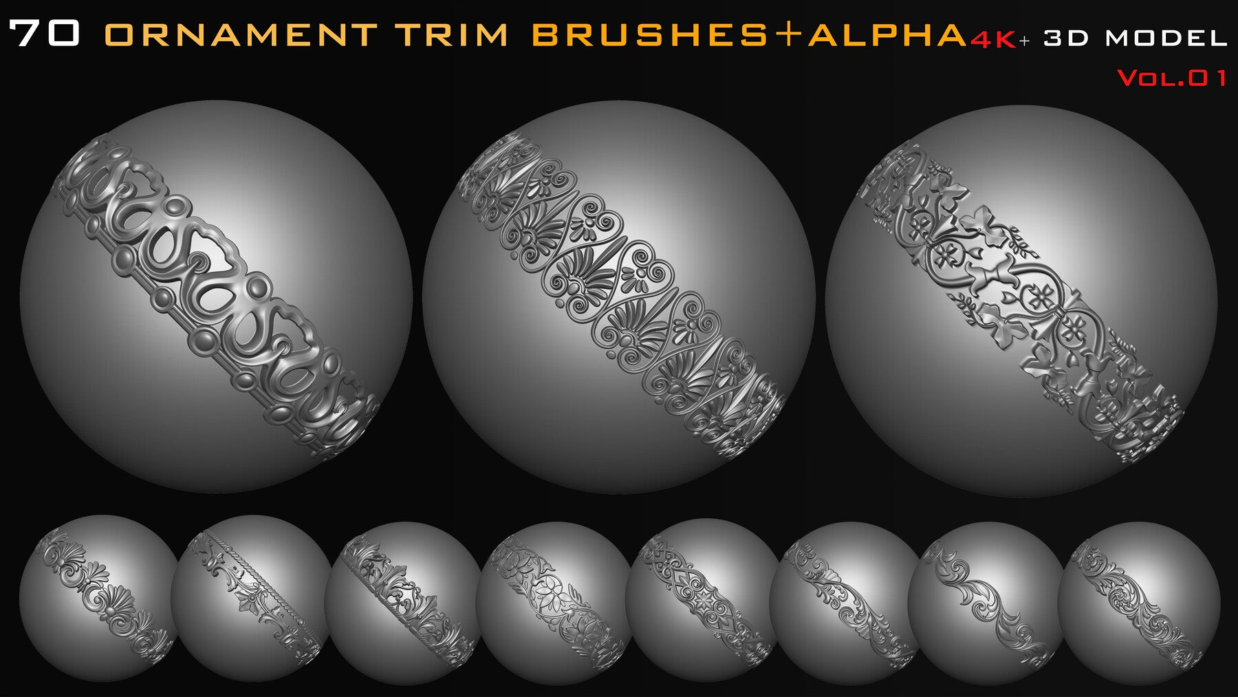 70 Ornament Trim Brushes+3D Model+ Alpha (4k)-Vol 01