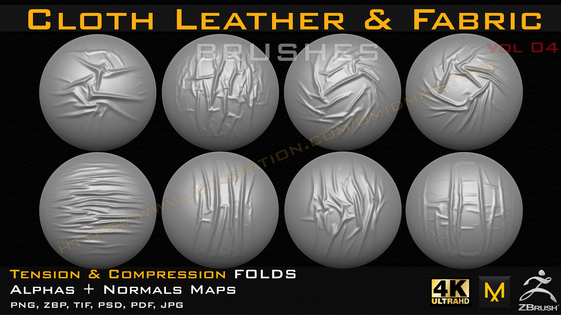 50 cloth Leather & Fabric Brushes (4k) Tension & Compression Folds- Alpha + Normal Maps ( Vol.04 )