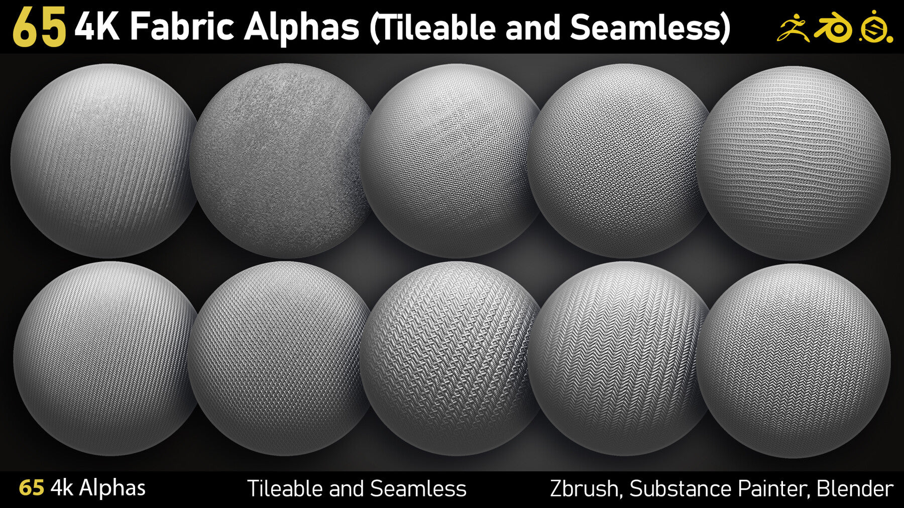 65 4K Fabric Alphas(Tileable) PNG-Zbrush-Substance Painter-Blender-Photoshop