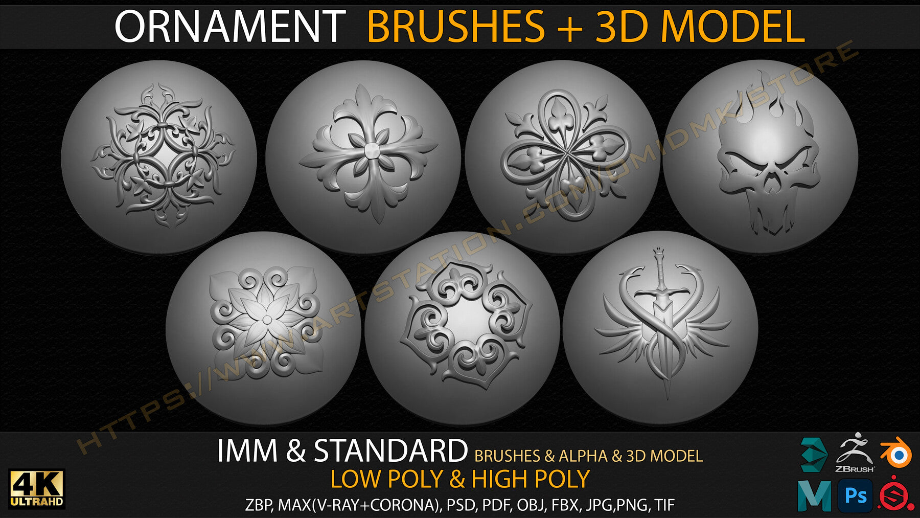 Ornament IMM & Standard Brushes+3D model+ Alpha 4K (V.02)