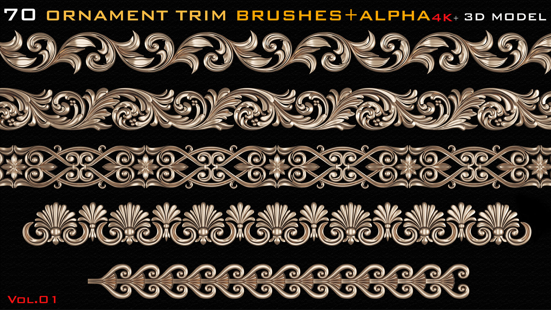 70 Ornament Trim Brushes+3D Model+ Alpha (4k)-Vol 01