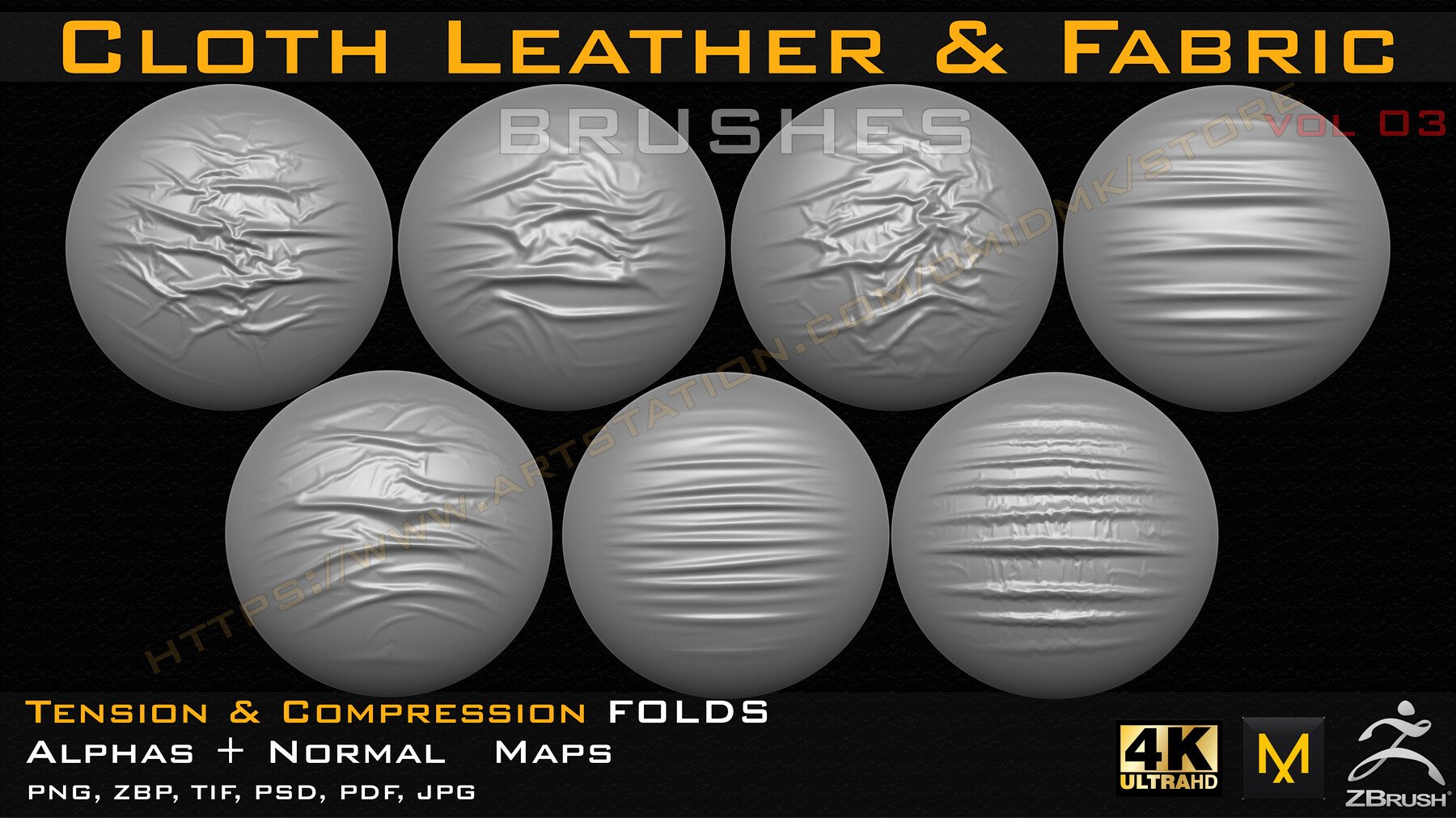 50 +10 cloth Leather & Fabric Brushes (4k) Tension & Compression Folds- Alpha + Normal Maps ( Vol.03 )