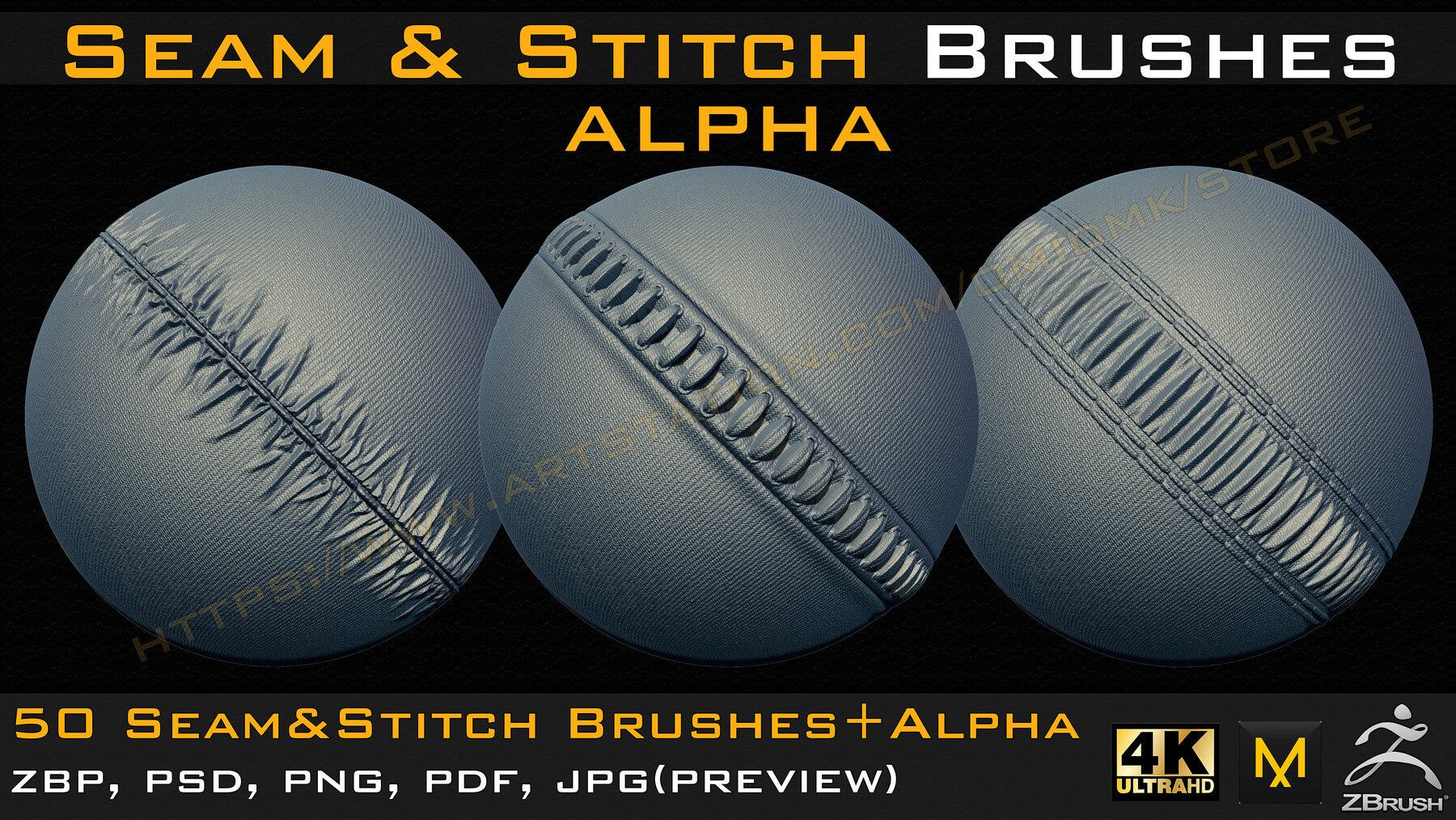 50 Seam & Stitch Brushes & Alpha (Tileable 4k-16bit) Vol.02