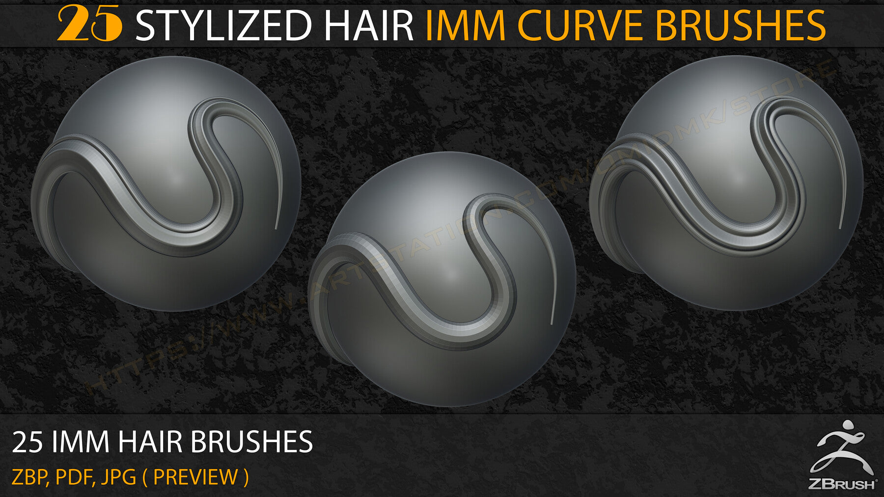 25 Stylized Hair IMM Curve Brushes ( V-01)