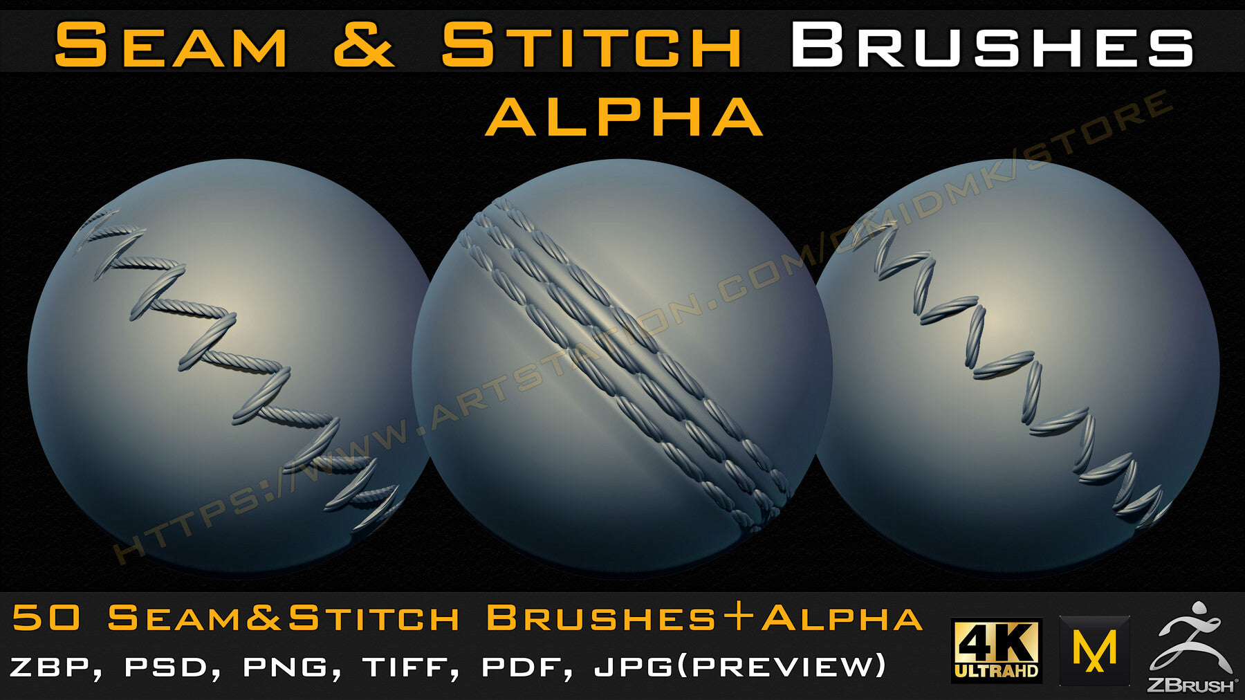 50 Seam & Stitch Brushes & Alpha (Tileable 4k-16bit) Vol.03