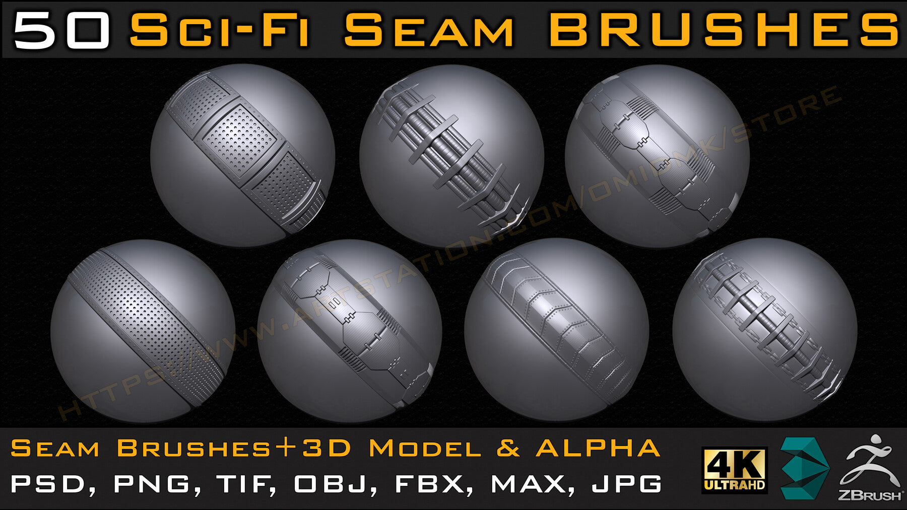 50 Sci-fi Seam Brushes+3D Model & Alpha ( Tileable 4k-16bit) Vol.02