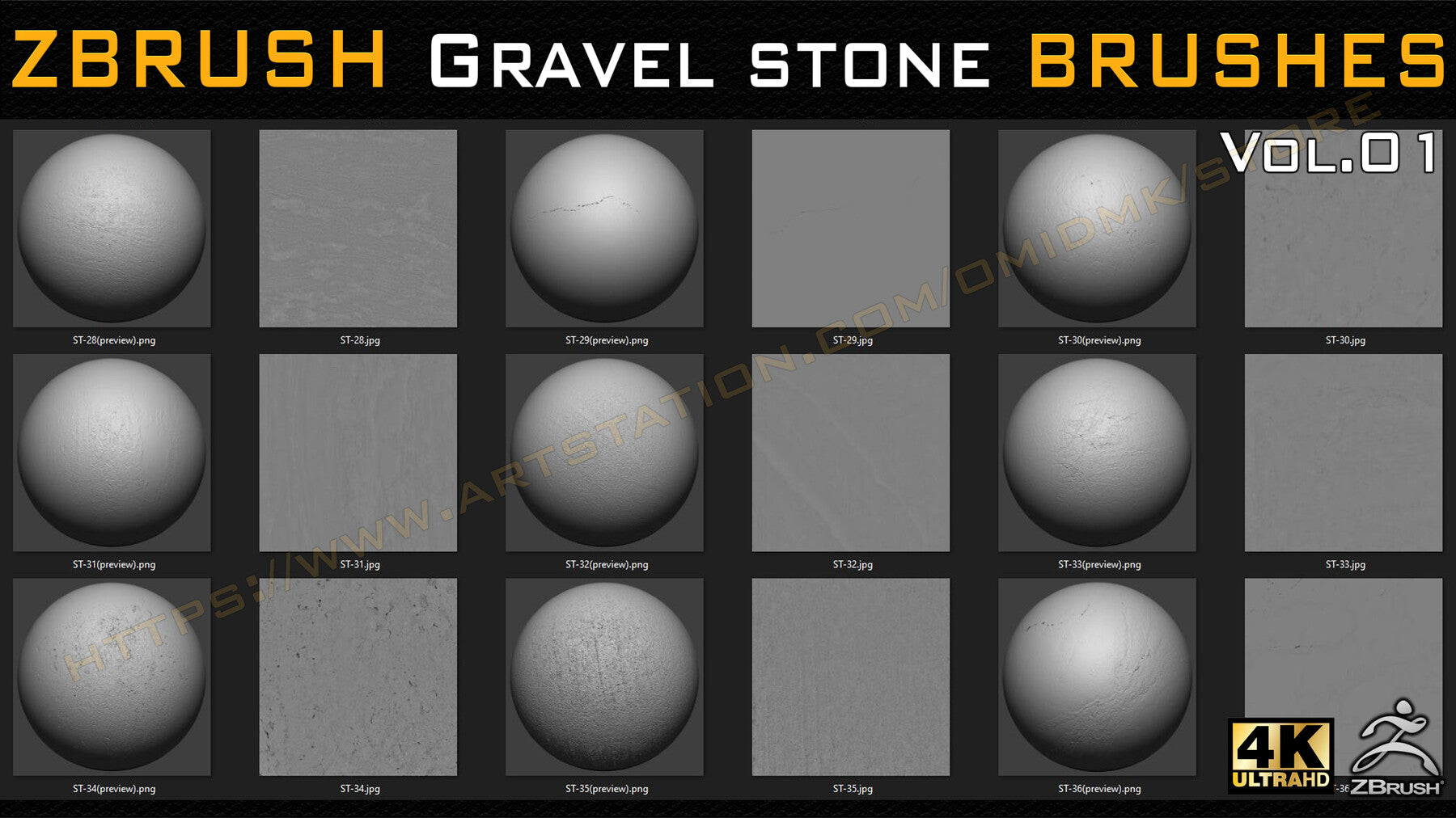 55 VDM + STANDARD BRUSH GRAVEL STONE BRUSHES +55 ALPHA/HEIGHT MAPS HIGH QUALITY (4K) -VOL.01