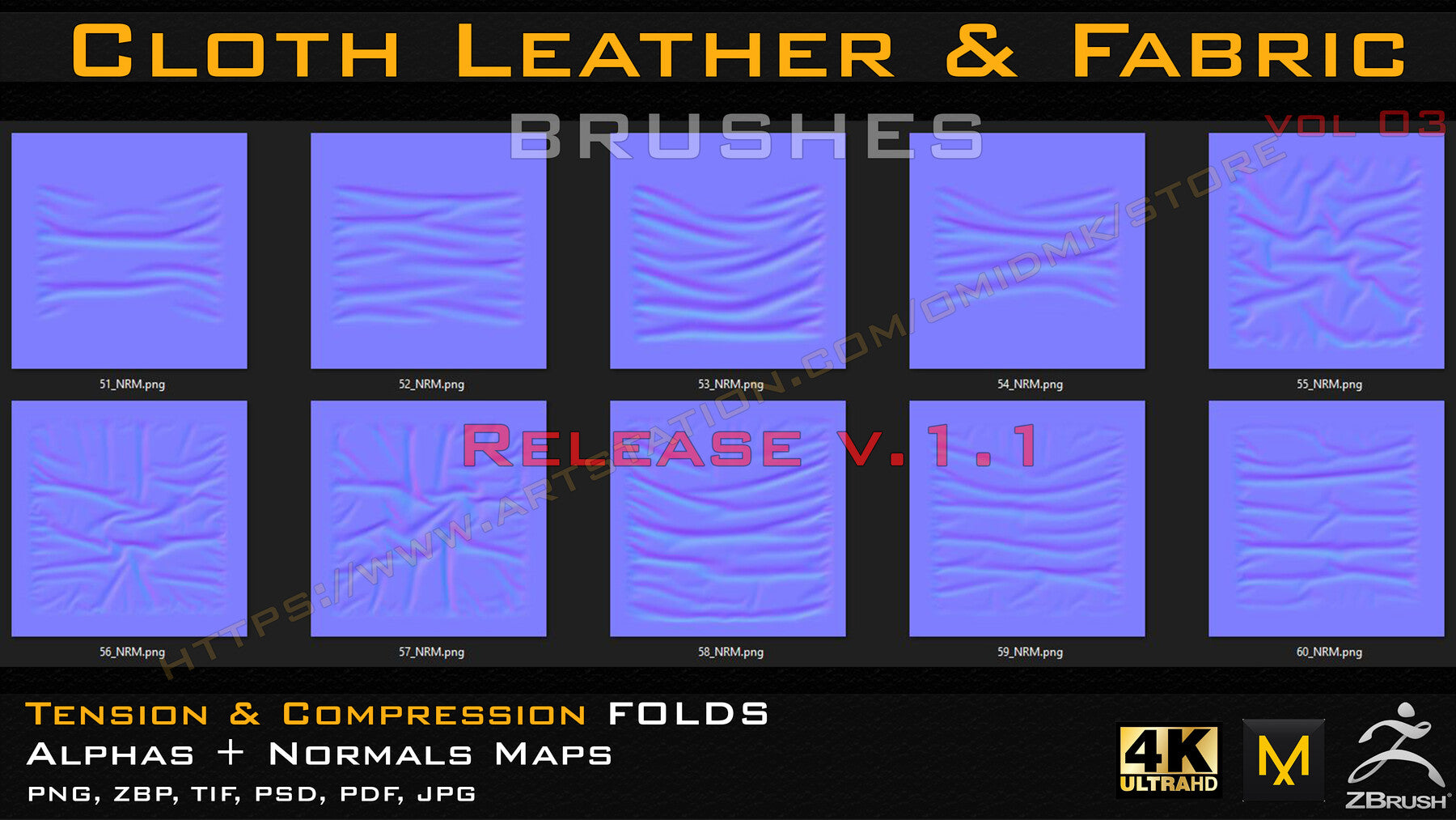 50 +10 cloth Leather & Fabric Brushes (4k) Tension & Compression Folds- Alpha + Normal Maps ( Vol.03 )