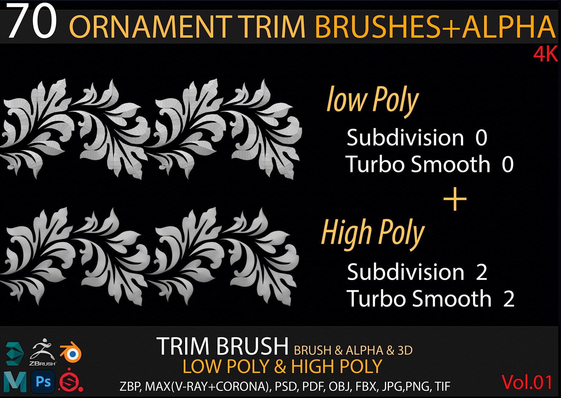 70 Ornament Trim Brushes+3D Model+ Alpha (4k)-Vol 01