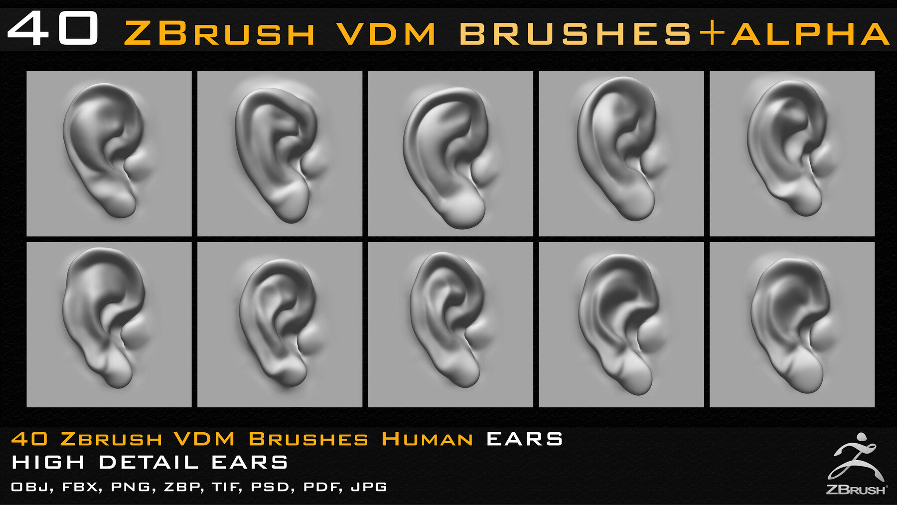 40 Zbrush VDM Human Ears Brushes + Alpha + FBX + OBJ